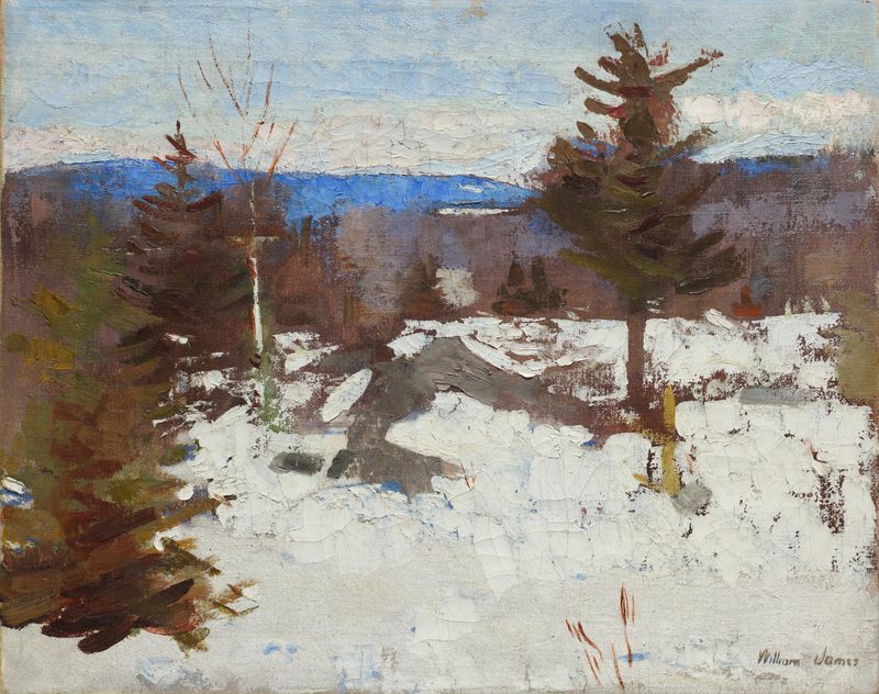 Winter landscape oil painting by William James depicting a serene snowy scene