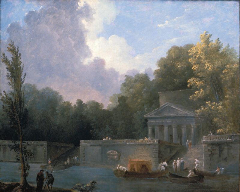 Park Scene de Hubert Robert, óleo sobre tela que mostra uma paisagem tranquila com figuras e árvores.