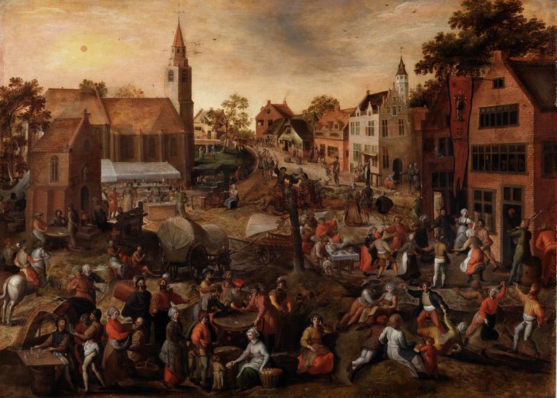 Feast of Saint George by Gillis Mostaert, a genre scene of a village celebration with knights and townsfolk.