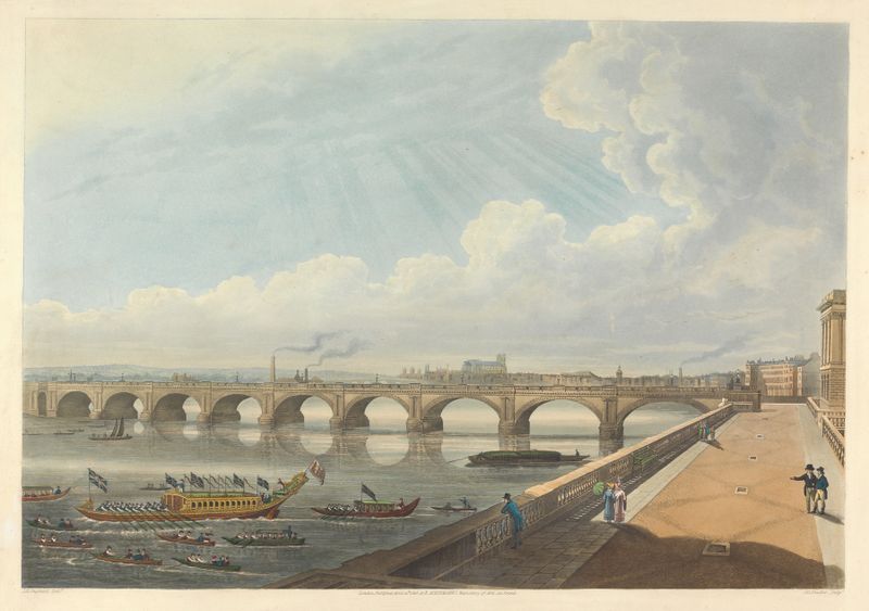 Landscape depicting Waterloo Bridge and the river by Thomas Hosmer Shepherd, oil painting