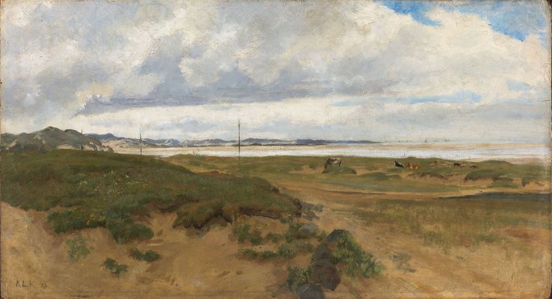 Landscape from Ogna at Jæren by Kitty Kielland, oil on canvas depicting rolling hills and a vast sky