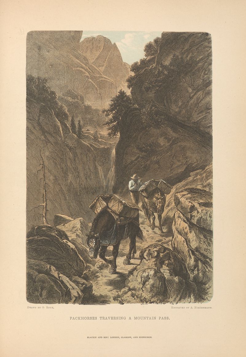 Cavalos de carga atravessando um passo de montanha, óleo sobre tela de Theodor Gsell Fels