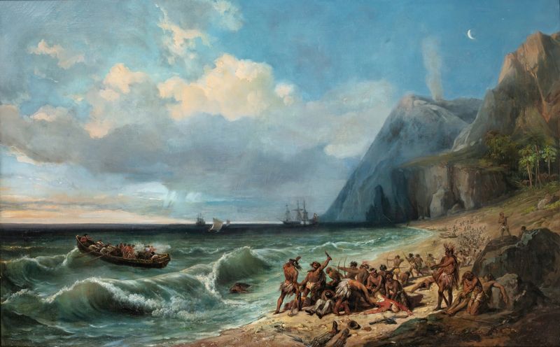 The Death of Captain Cook, oil painting by Jean-Charles Joseph Rémond, depicting a historical scene of battle.