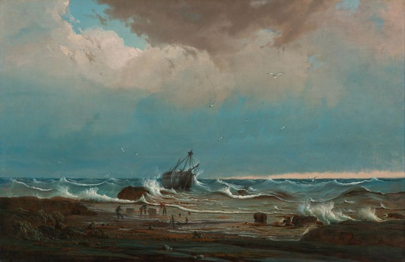O naufrágio de ‘George the Third’ de Knut Bull, retratando um naufrágio em mares turbulentos, pintura a óleo.