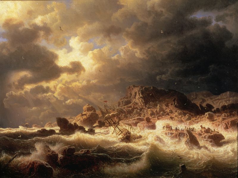 Gale on the Bohuslän Coast by Marcus Larson, oil painting depicting turbulent waves and a stormy sky.