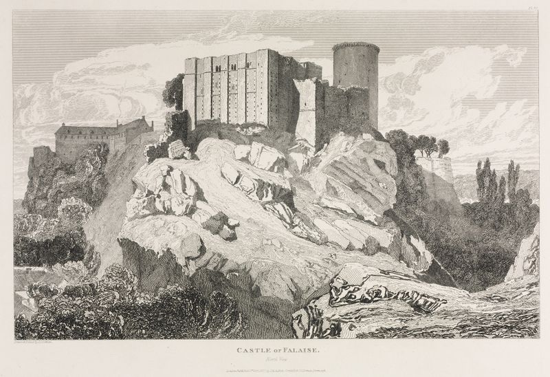 Castillo de Falaise de John Sell Cotman, óleo que representa un paisaje accidentado bajo un cielo sombrío.