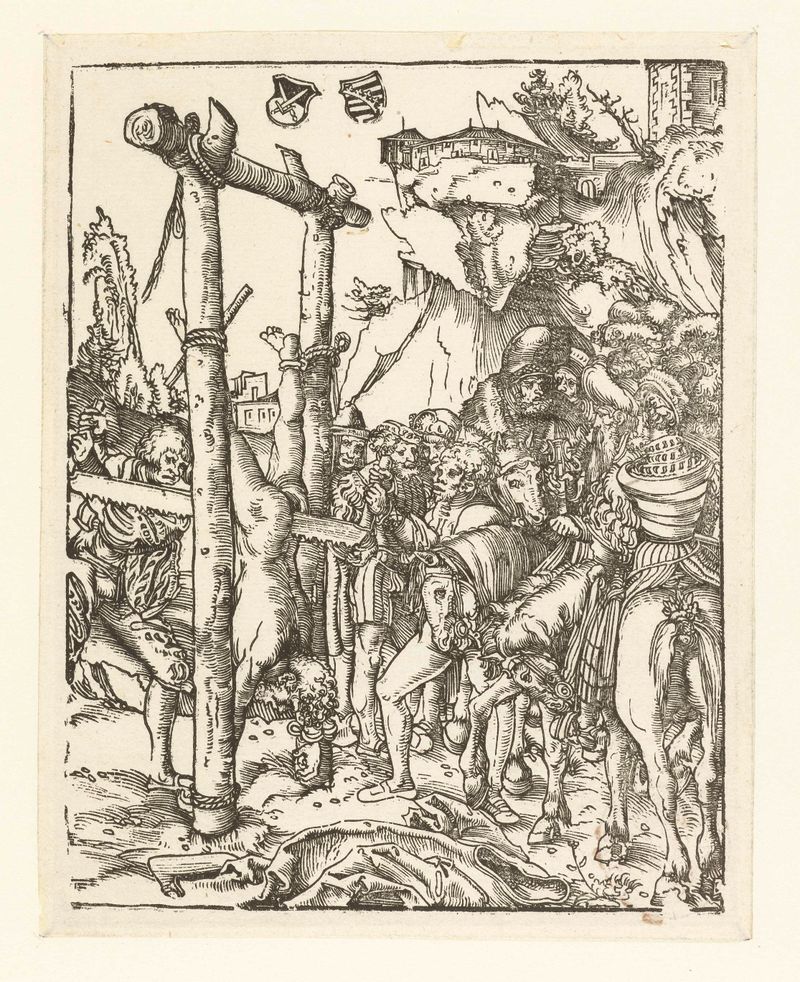 Simon Zelotes doormidden gezaagd de Lucas Cranach, medio papel, representando una figura dividida con profundidad emocional.