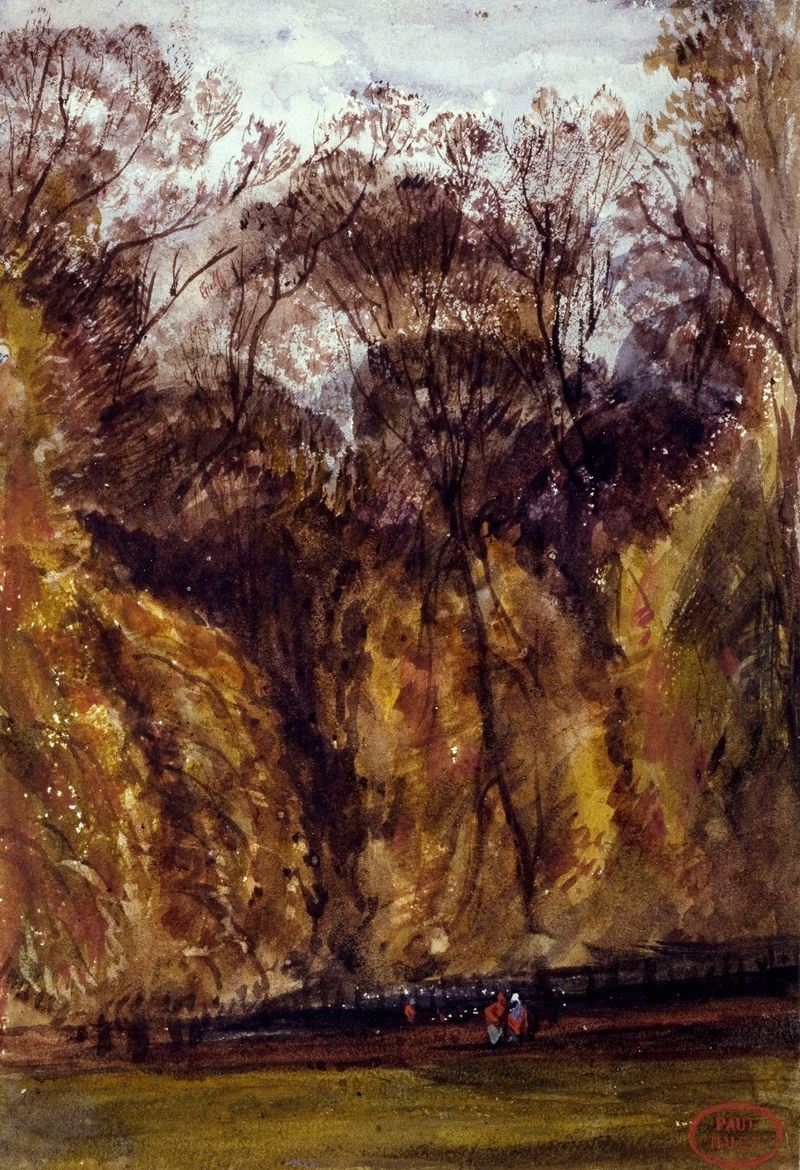 Paisaje con árboles altos y luz filtrada de Paul Huet, pintura al óleo