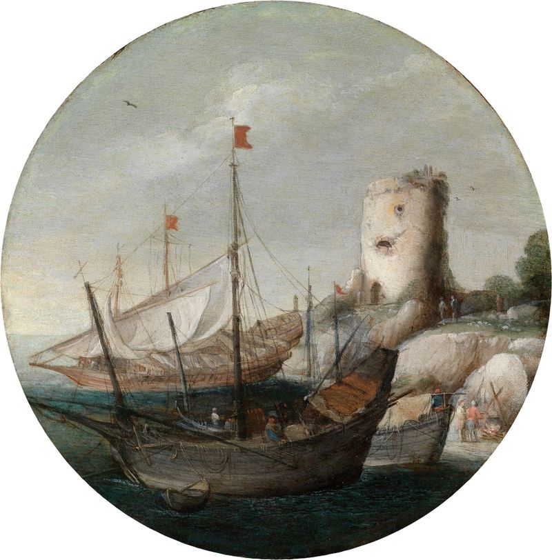 oil on canvas by Goffredo Wals depicting ships in a southern harbor