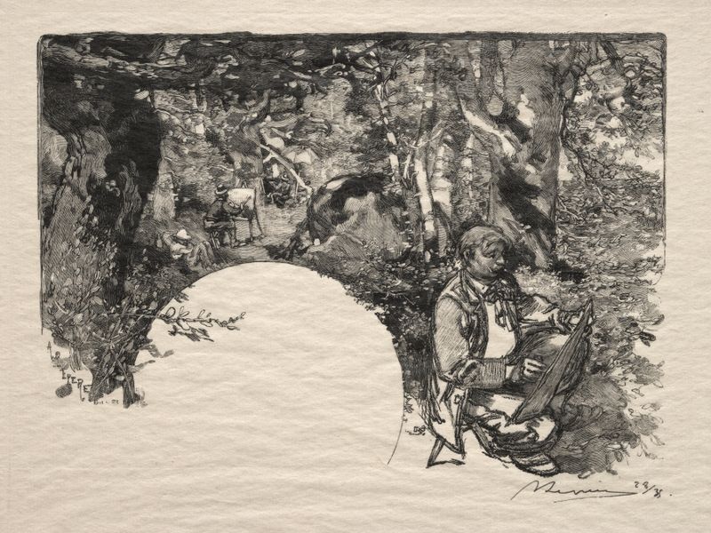 Gravura de Auguste Louis Lepère com figuras entrelaçadas em tons terrosos