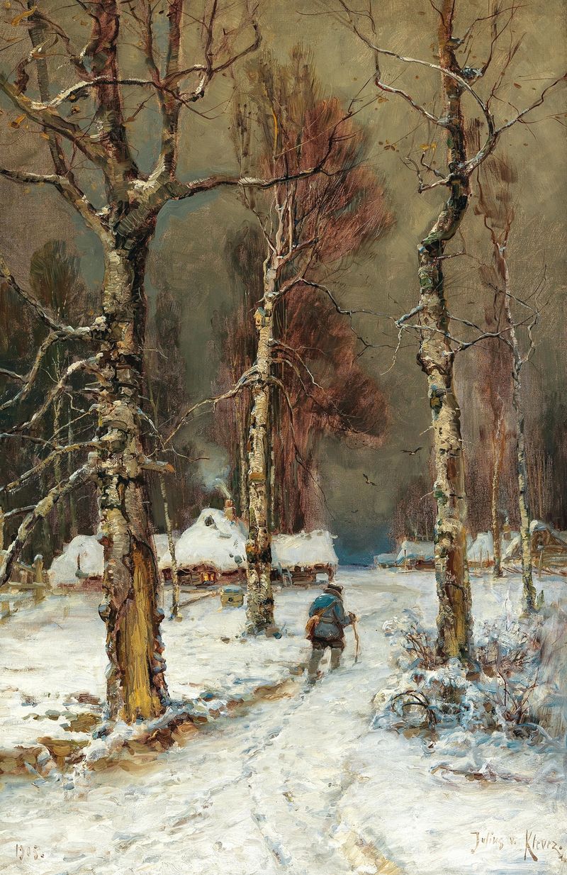 A Winter Evening by Julius Sergius Klever, oil painting depicting a snowy landscape with warm window glow.