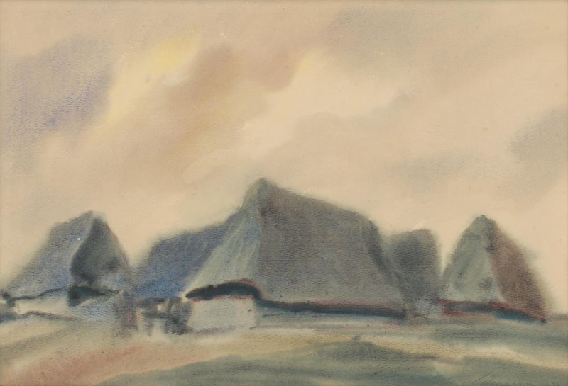 Post-Impressionism landscape by Zolo Palugyay, featuring azure houses and ochre earth