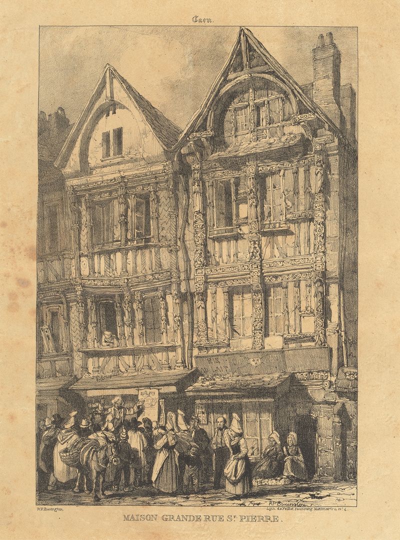 Caen – Maison Grande Rue Saint-Pierre de Richard Parkes Bonington, pintura a óleo que retrata lojas animadas.