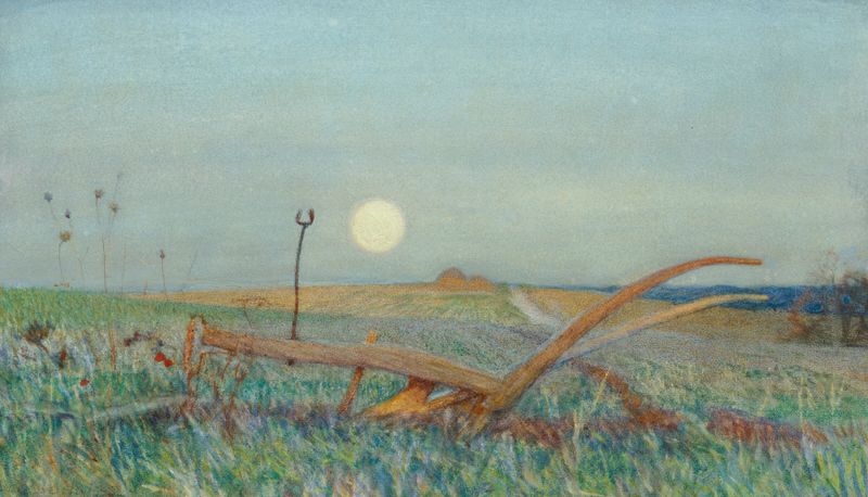 The Plough by Sir George Clausen, oil painting of a farmer working in a field.