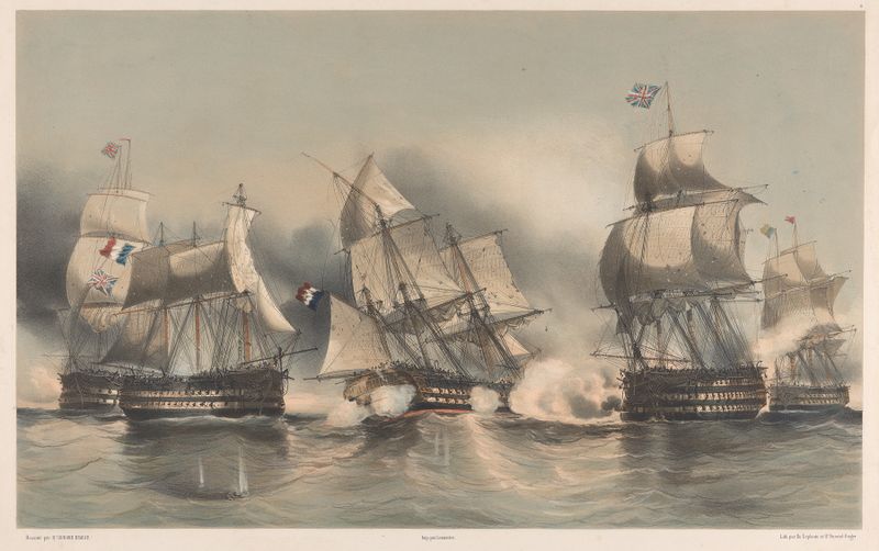 Marine scene with ships after a naval battle, oil on canvas by Henri Durand-Brager