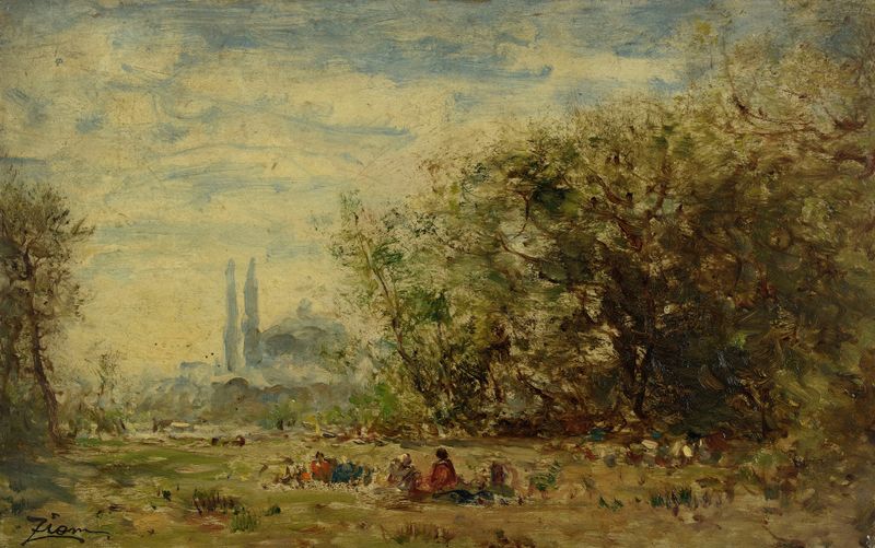 Pintura al óleo de Félix Ziem que muestra un río sereno y el cielo