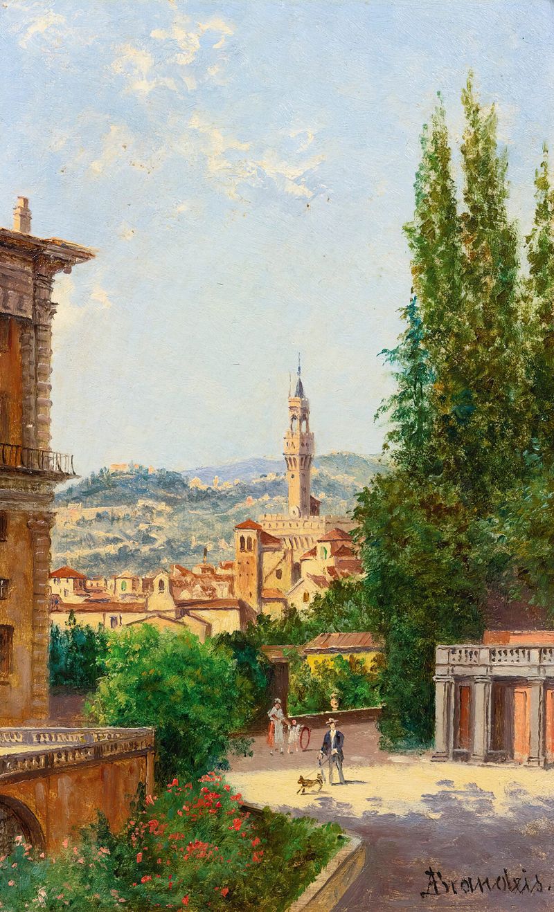 Paisaje del Palazzo Vecchio al atardecer, pintura al óleo de Antonietta Brandeis