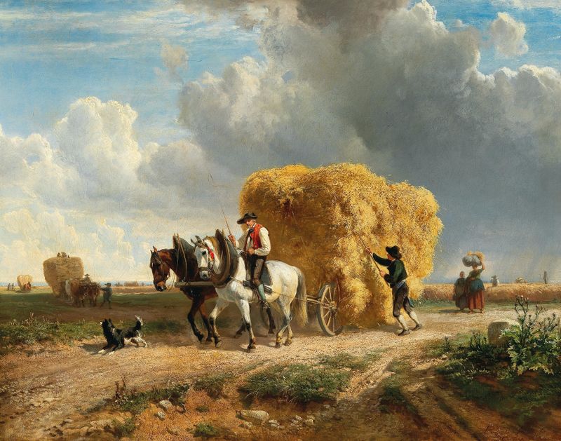 Haymaking de Ludwig Voltz, óleo sobre lienzo que representa a trabajadores rurales bajo la luz del sol.