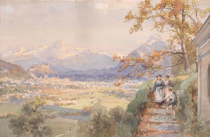 Blick über die Stadt Salzburg, óleo sobre tela de Edward Theodore Compton, retratando uma paisagem com telhados e montanhas.