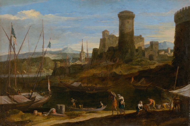 Seaside Landscape II by Johann Anton Eismann, oil on canvas depicting a serene marine landscape.