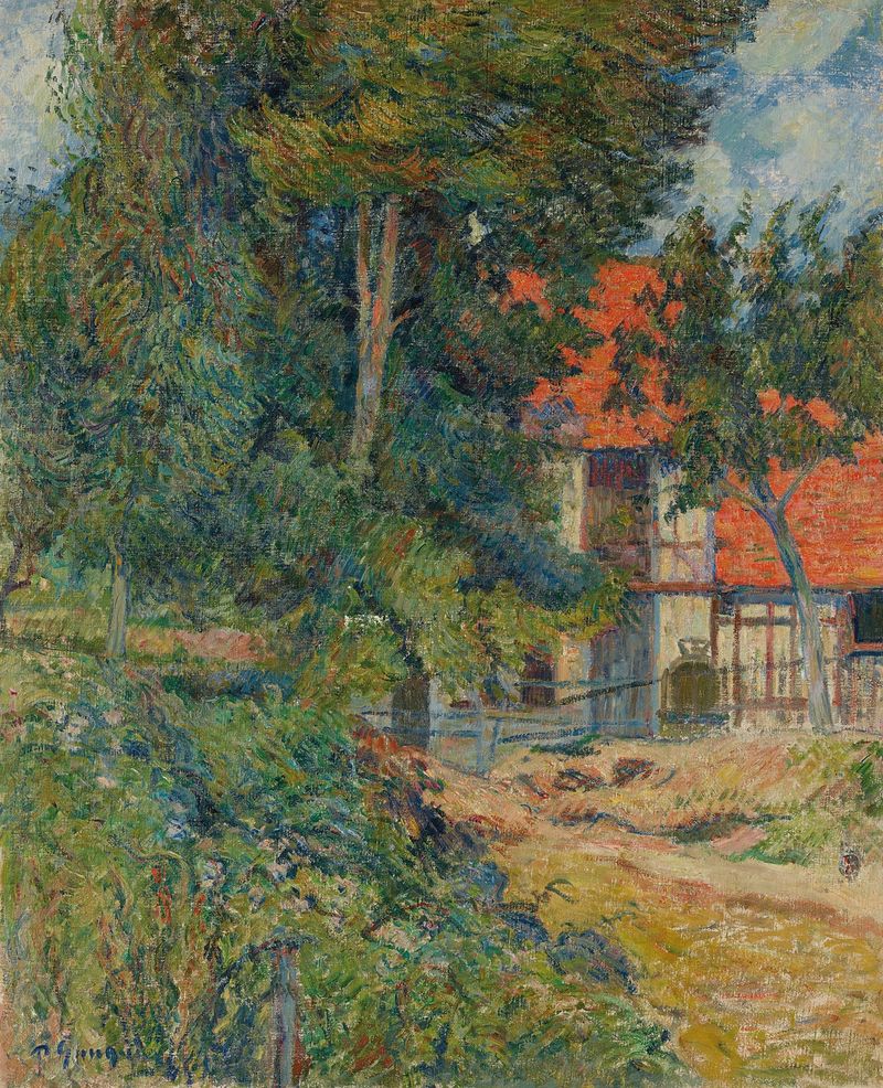 Etable près de Dieppe II de Paul Gauguin, pintura al óleo que representa un paisaje vibrante con campos y un cielo dramático.