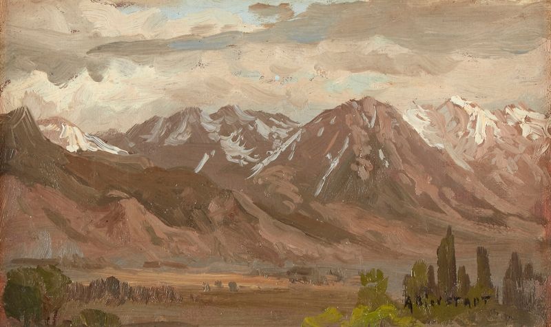 Montana Landscape de Albert Bierstadt, óleo sobre tela que retrata montanhas de granito e luz do amanhecer