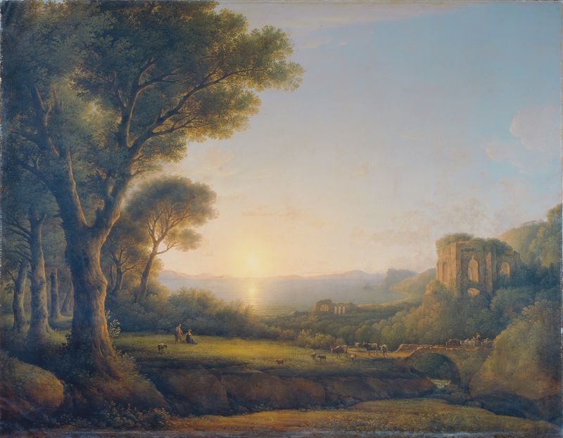 Der Meerbusen von Baiae bei Sonnenuntergang de Lorenz Adolf Schönberger, óleo que muestra un atardecer sobre la bahía.