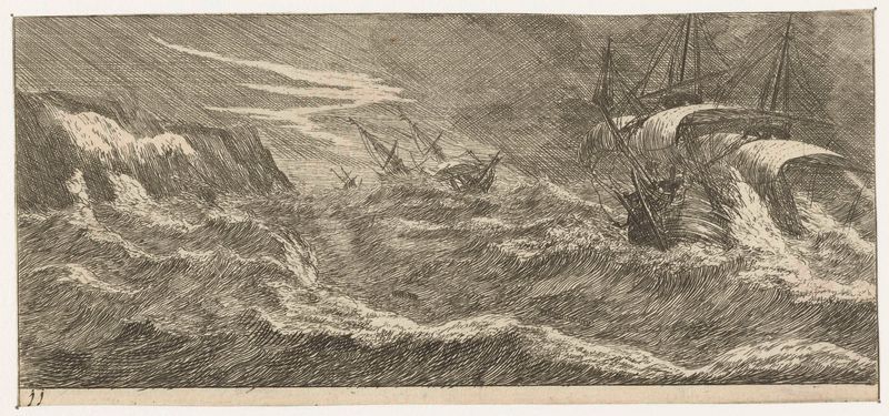Grabado de Reinier Nooms que muestra barcos en un océano tempestuoso