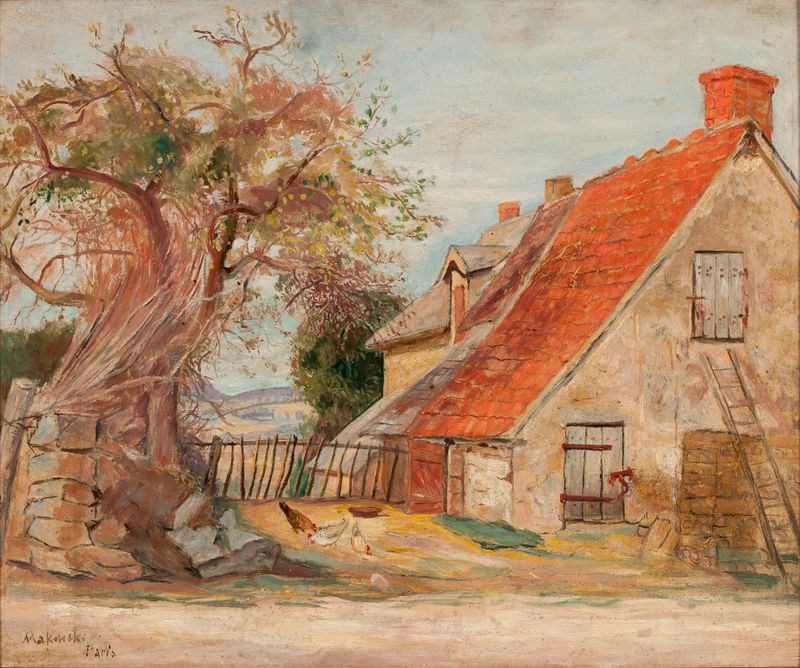 Paisagem com uma casa e galinhas, óleo sobre tela de Tadeusz Makowski