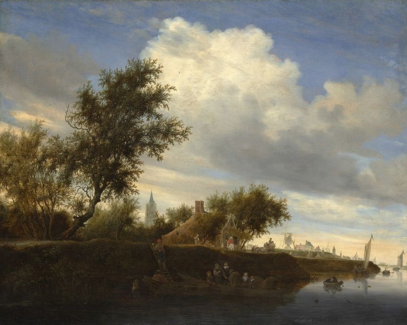Ferry near Gorinchem, pintura al óleo de Salomon van Ruysdael