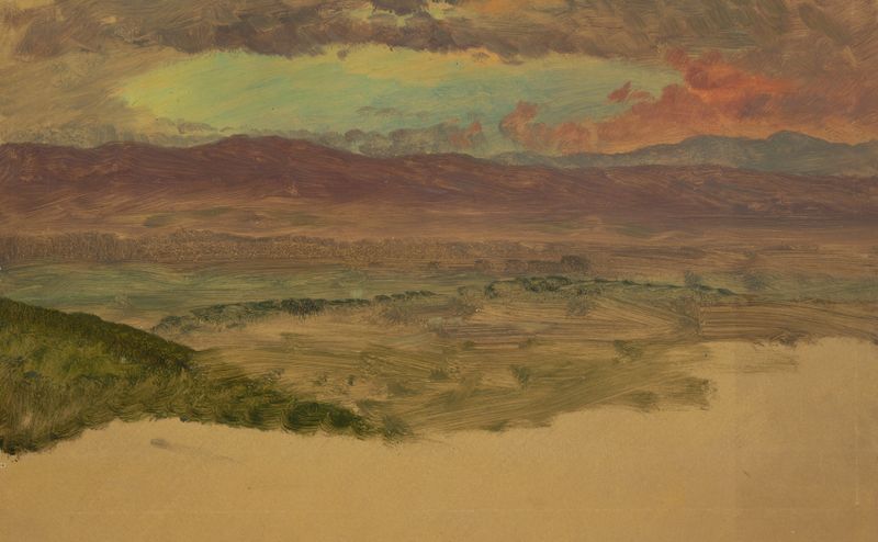 Hudson Valley Landscape óleo de Frederic Edwin Church com folhagem exuberante e reflexos no rio.
