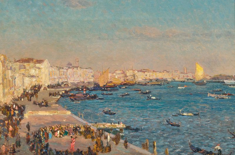 Venice, ‘La Riva degli Schiavoni’ by Beppe Ciardi, oil painting depicting water reflections and buildings.