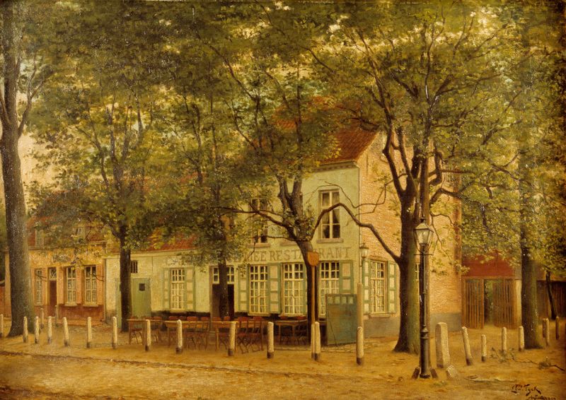 Pintura de paisagem a óleo de Edward Tyck que retrata a antiga estalagem ‘De Dikke Mee’