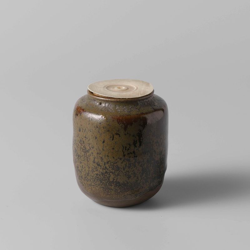 Caddy de chá de cerâmica com esmalte verde marrom de artista desconhecido