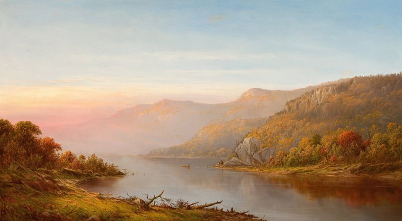 Mountain River Scene (Autumn of the Hudson) by Charles W. Knapp, oil painting depicting a serene river landscape.