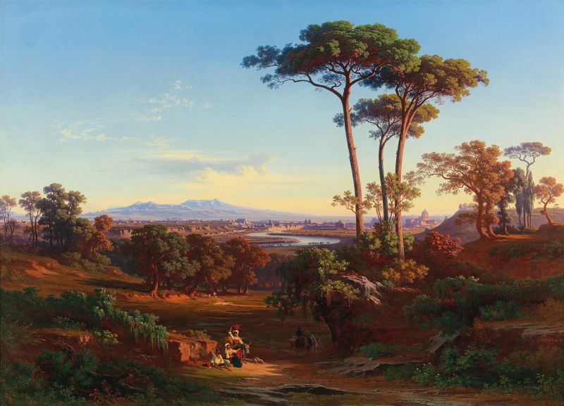 Landscape of Rome with trees and rooftops, oil on canvas by Johann Jakob Frey
