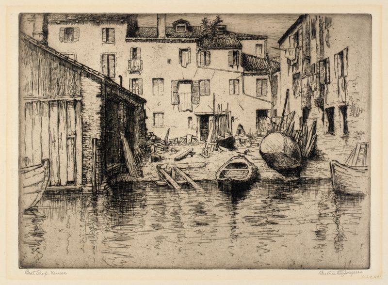 Interior scene of Boat Shop, Venice by Bertha Jaques, watercolor on paper