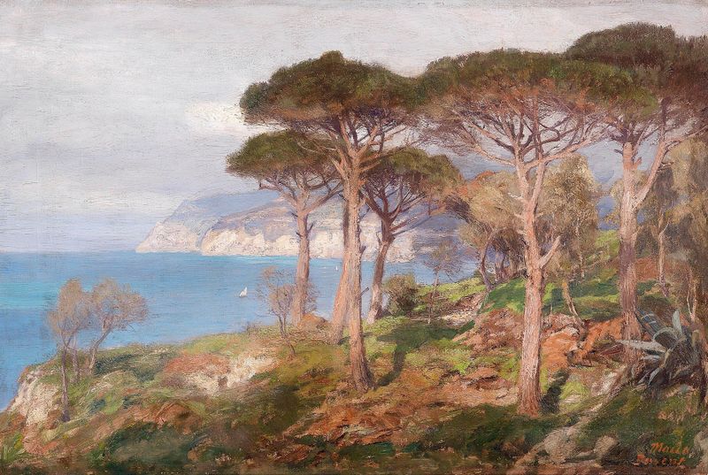 Cena marinha de Georg Macco, mostrando ondas suaves e uma costa tranquila.
