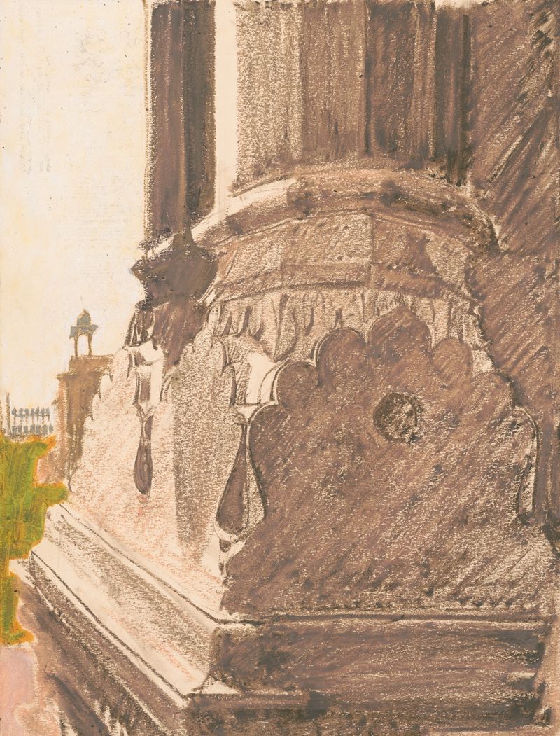 Base da coluna de arenito vermelho no Forte Vermelho, Delhi, Índia de Victor Alfred Lundy, meio desconhecido