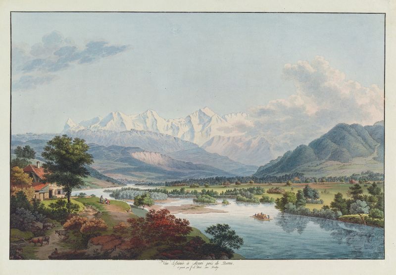 Landscape with rolling hills and a village by Johann Ludwig Aberli, unknown medium