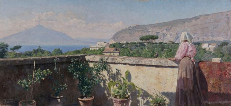 Obra figurativa que muestra a una mujer en una terraza con vista al Monte Vesubio de Henry Brokman
