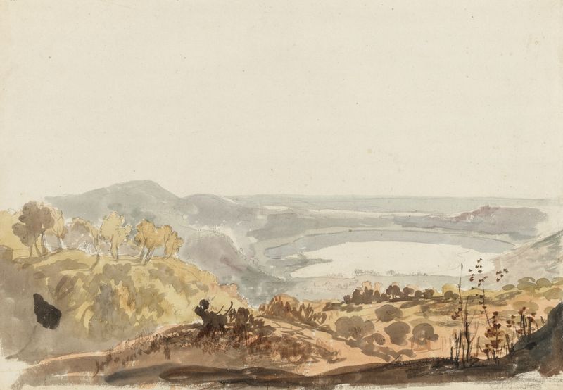 Landscape view of Lake Nemi at twilight by Carlo Labruzzi, oil painting