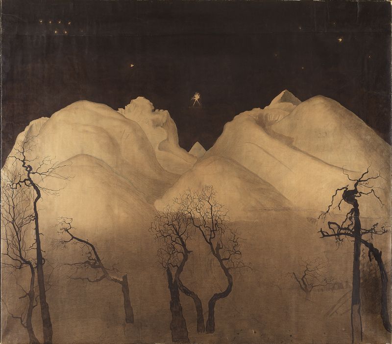 Winter Night in the Mountains, oil on canvas by Harald Sohlberg, featuring dark mountains and a starry sky.