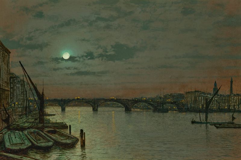 London Bridge de John Atkinson Grimshaw, óleo sobre tela, crepúsculo sobre o rio