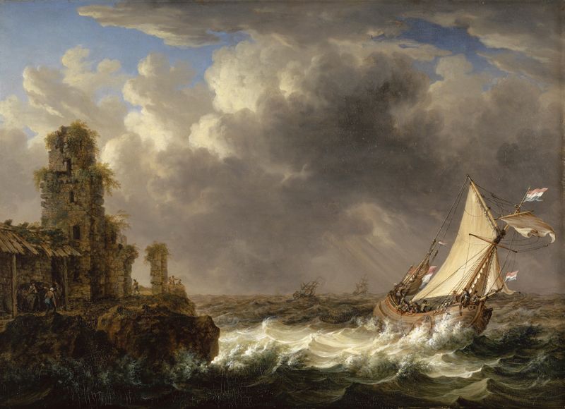 Seashore with Rough Waters de Johann Kaspar Huber, óleo que muestra olas fuertes y nubes oscuras.