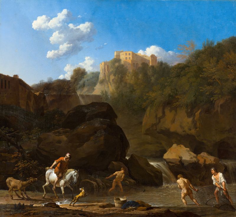 The Waterfalls at Tivoli, oil painting by Karel Dujardin, features cascading waters and lush greenery.