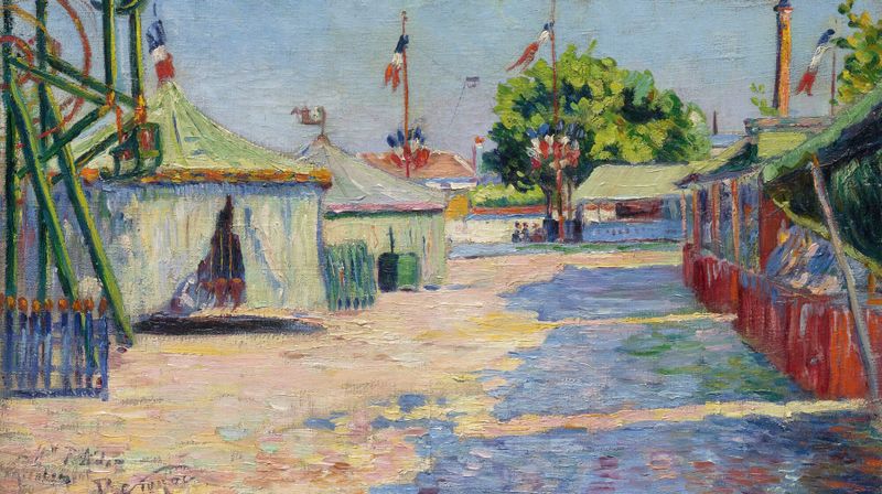 La Fête D’asnières de Paul Signac, óleo sobre tela retratando uma celebração animada à beira do rio.