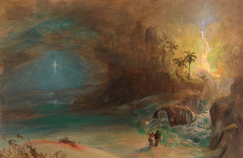 Study for ‘Apotheosis to Thomas Cole’ pintura a óleo de Frederic Edwin Church mostrando luz solar atravessando nuvens.
