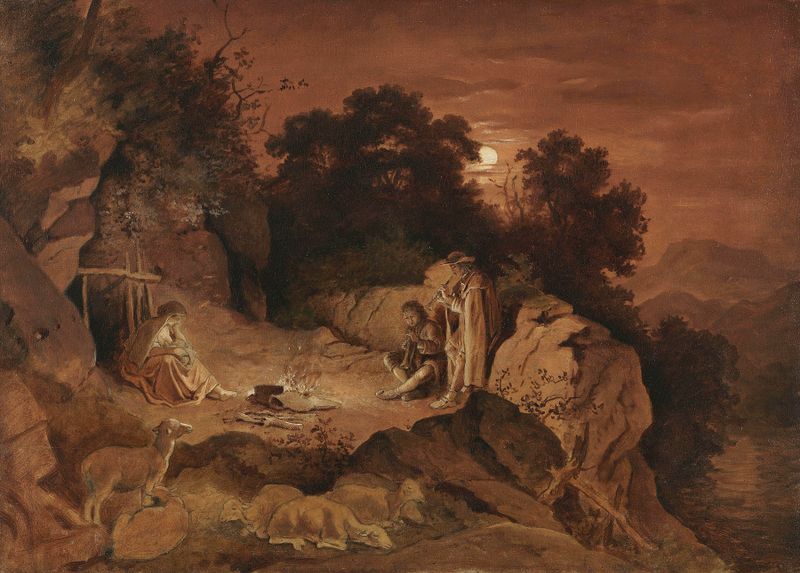 Hirten am Feuer by Adrian Ludwig Richter, depicting shepherds around a fire in twilight, oil painting