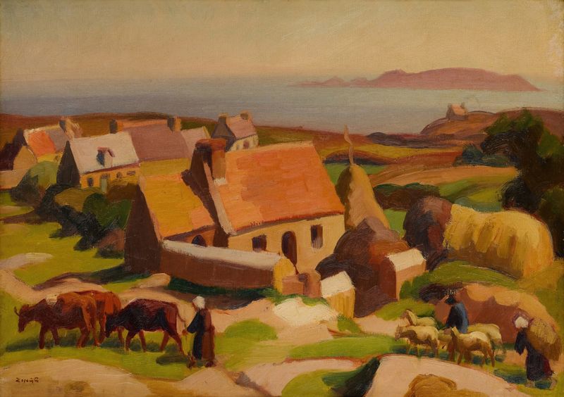 Landscape depicting a rugged coastline and twilight by Emmanuel de La Villéon, oil painting